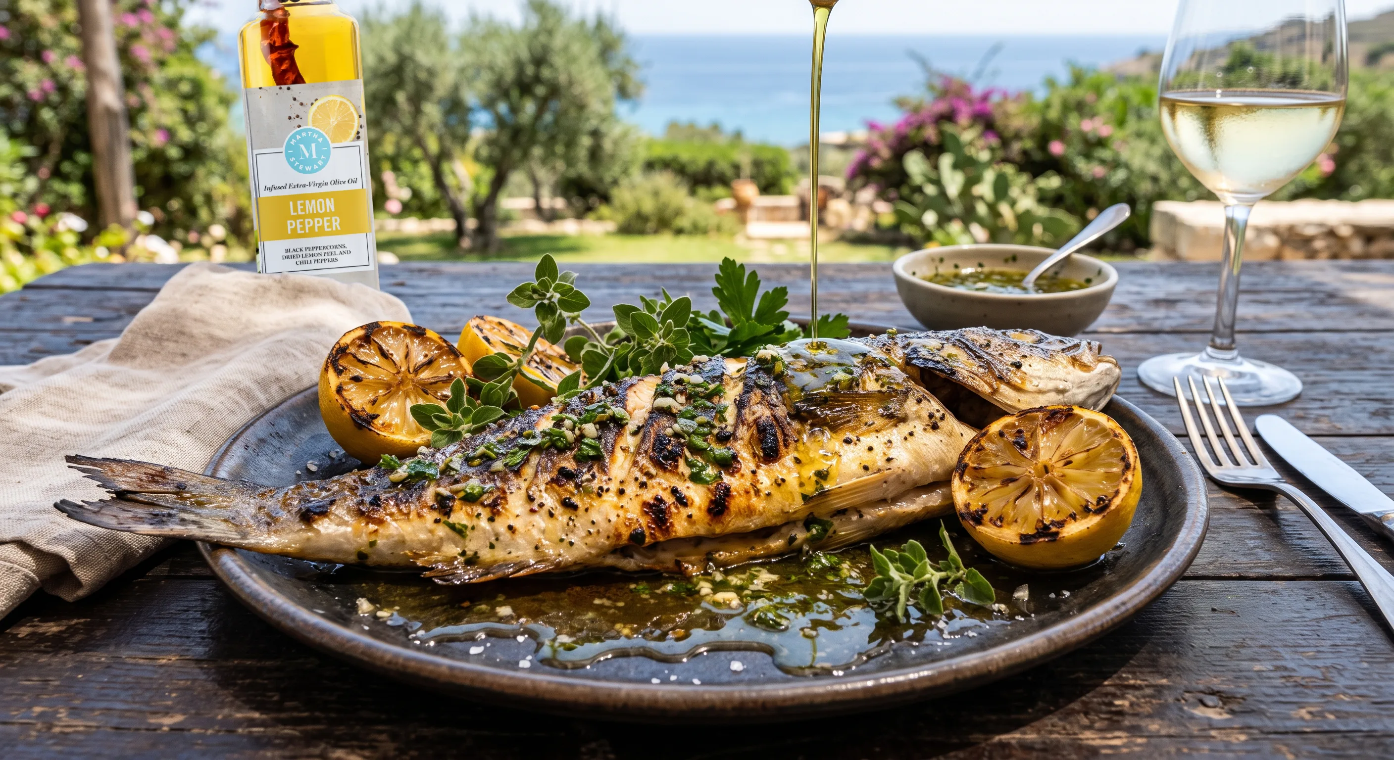 Grilled White Fish with Lemon Pepper Herb Salmoriglio